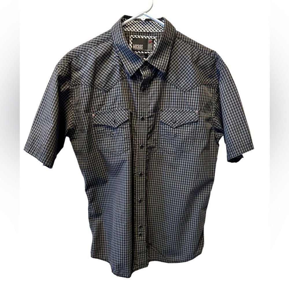Micros, Short Sleeve Button Down , Gray Black , Plaid , Pearl Snaps ,size Large